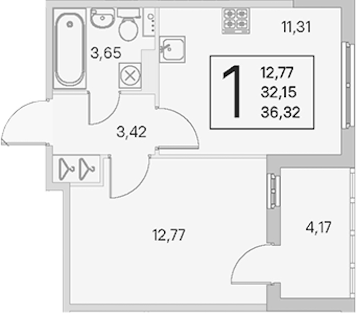 1-комнатная квартира 32.15 м², 3/4 эт., ЖК «Любоград в Стрельне»